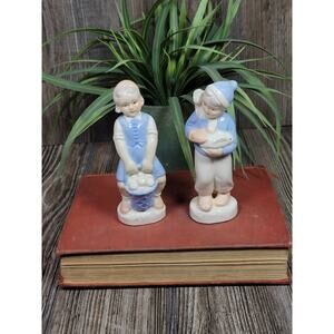 Vintage Farm Boy and Girl Figurines, Pastel Blue, Japan
